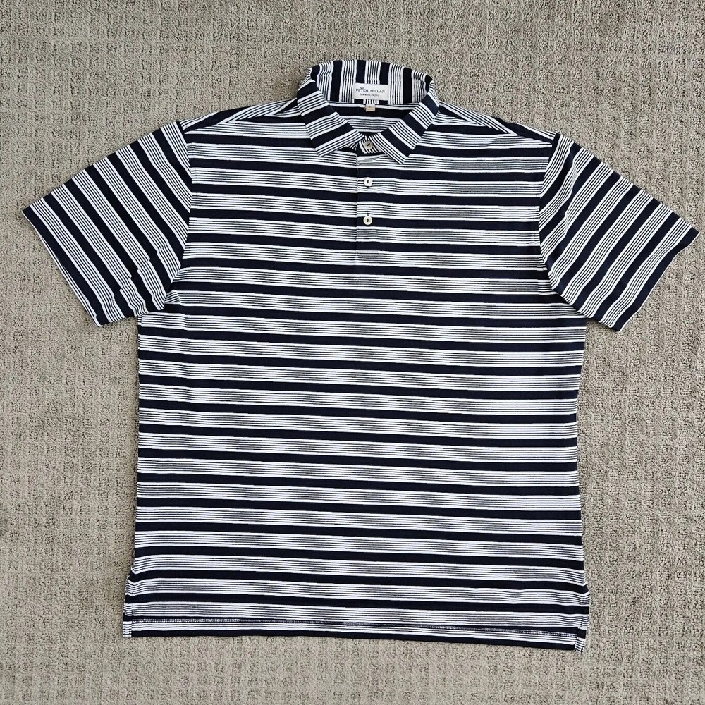 Peter Millar Men's Large Blue White Striped Polo Shirt Summer Comfort Golf Shirt
